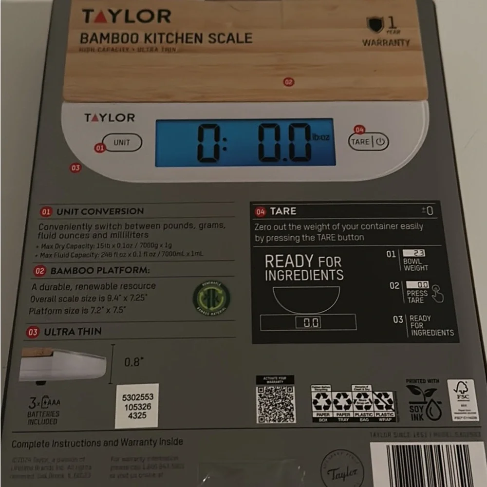 Taylor Bamboo Digital Kitchen Scale - White with Bamboo Platform